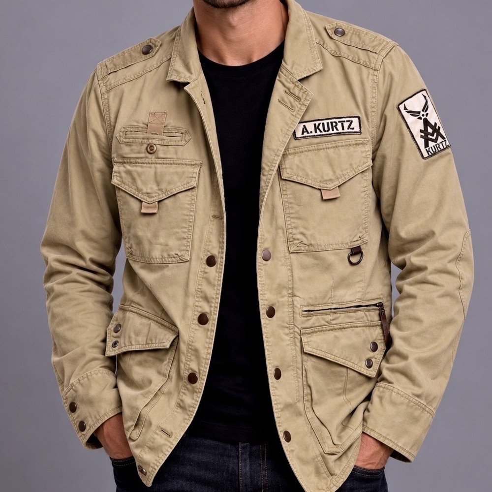 A. Kurtz Men Military Safari Field Jacket Large Tan Cotton Utility Cargo Patch